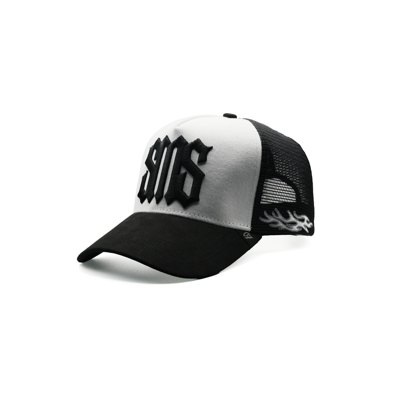 SHAMAS SMS white trucker hat side flame embroidery detail