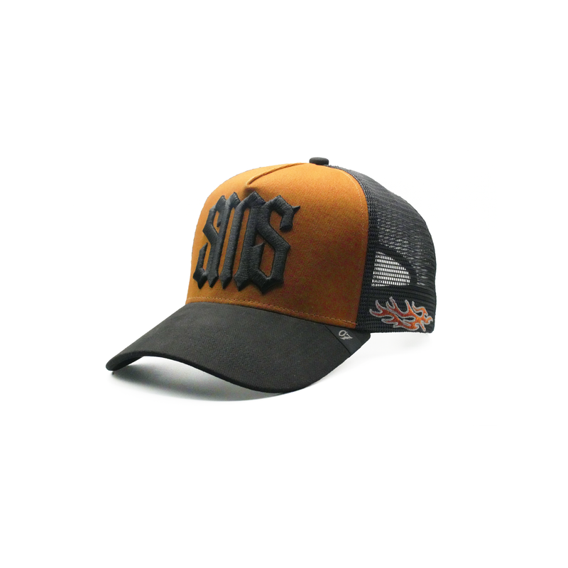 SHAMAS SMS brown trucker hat side flame embroidery detail