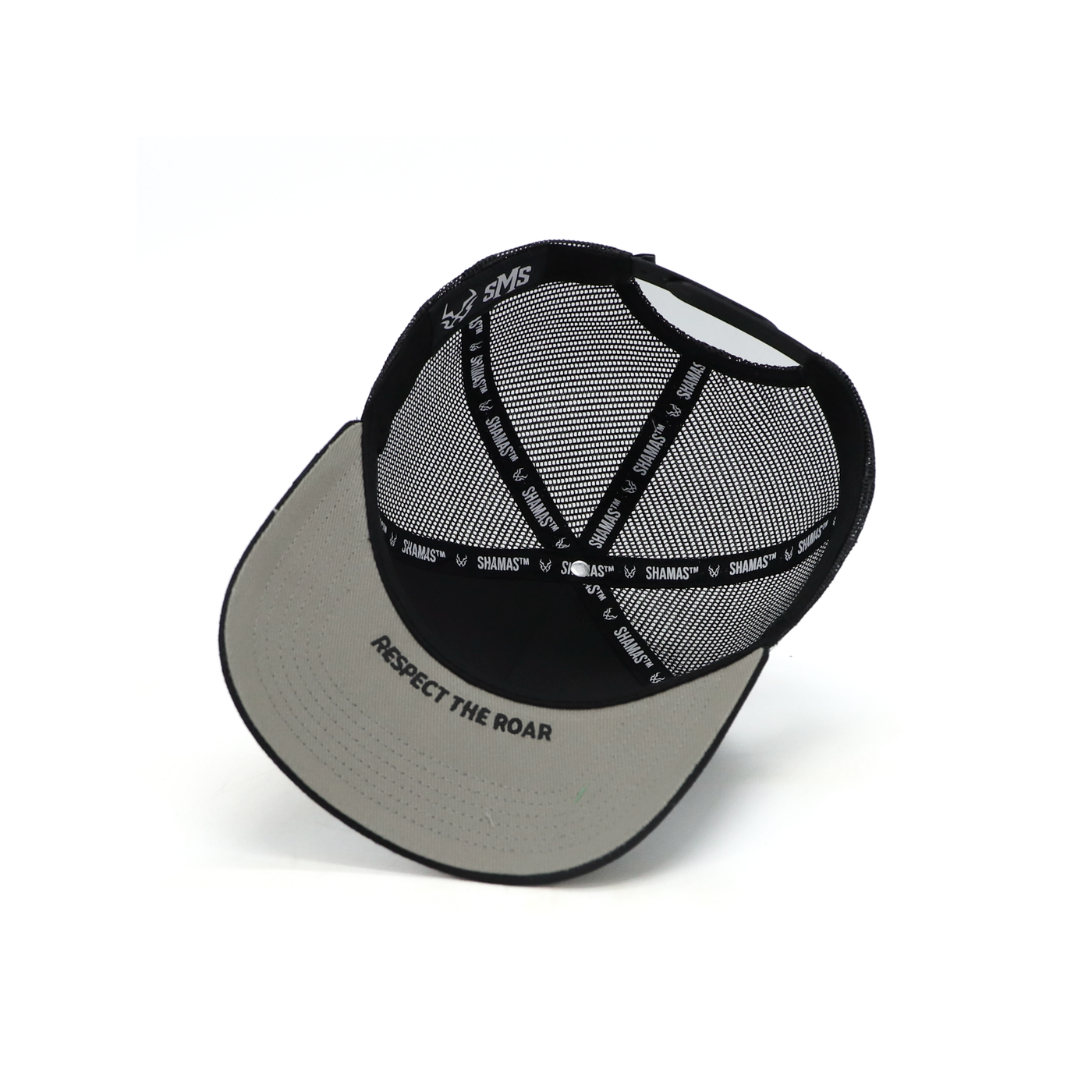 SHAMAS SMS black trucker hat inside crown view, sweatband detail