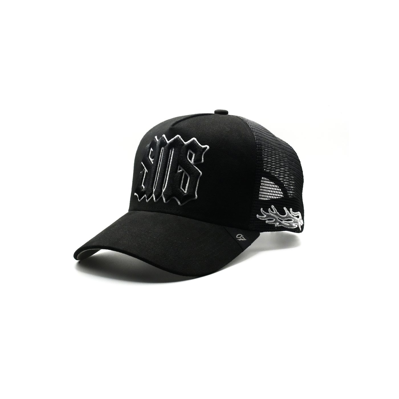 SHAMAS SMS black trucker hat side flame embroidery detail