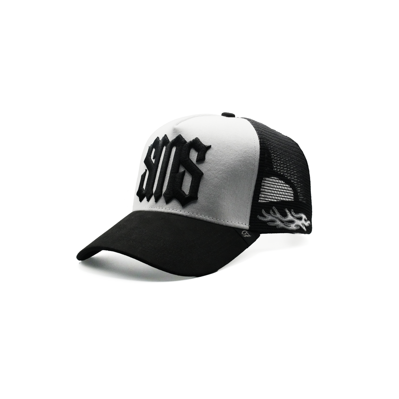 SHAMAS SMS white trucker hat side flame embroidery detail